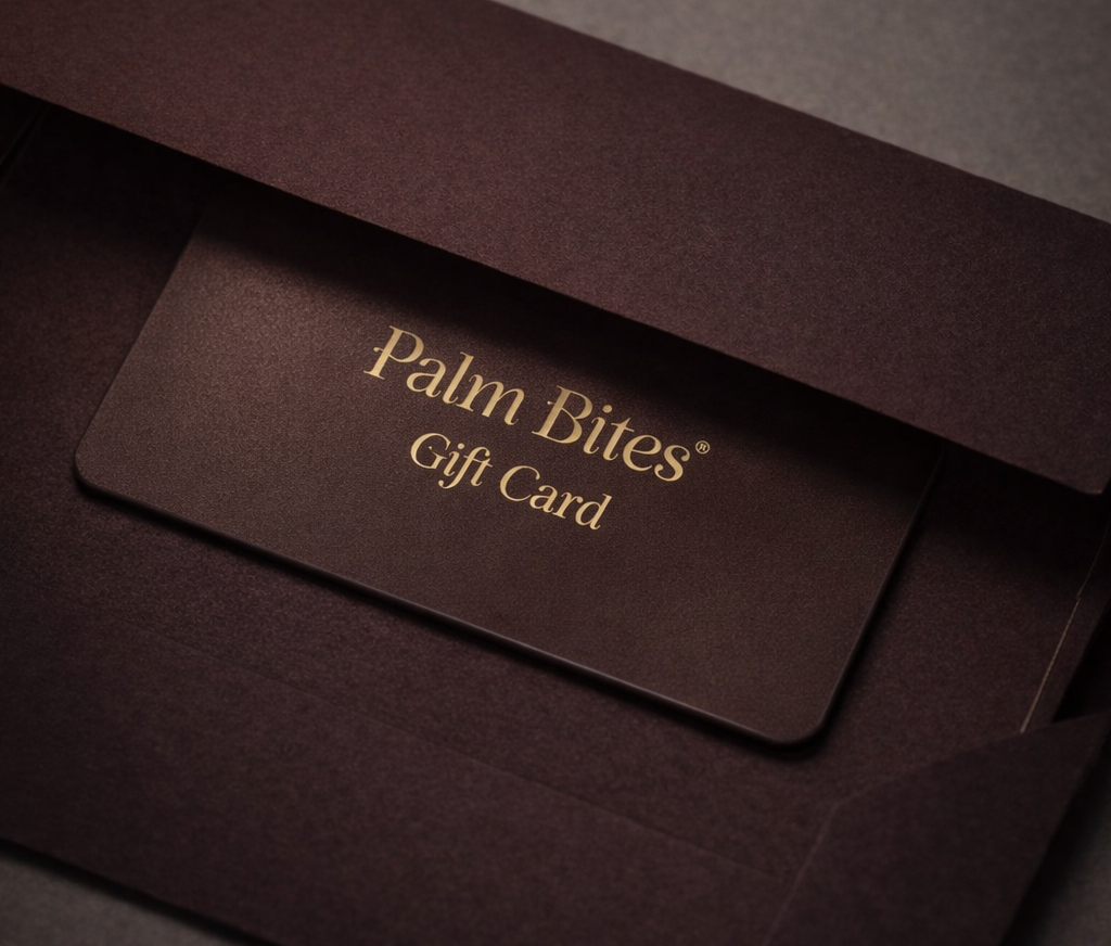 Palm Bites gift card in a brown envelope on a dark background